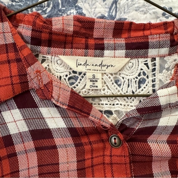 Linda Anderson Shirt Casual Button Up Plaid Unconventional Lace Red & White Sz S - Picture 8 of 11